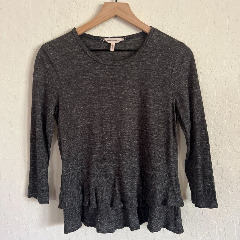 Rebecca Taylor 100% Linen 3/4 Sleeve Ruffle Blouse Top size Small Gray Neutral